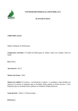 O Cuidado de Enfermagem ao Adulto e Idoso em Condição Crítica de Saúde