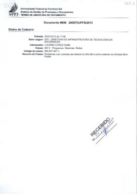 Memorando relatando problemas na conexão de internet na Unidade Bom Pastor