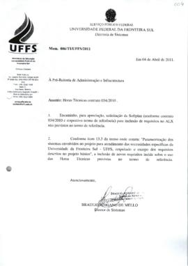Memorando tratando sobre horas técnicas do contrato 034-2010