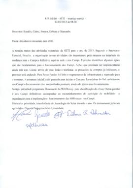 Relato de Reunião sobre Atividades essenciais para 2013