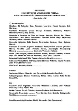 Relatório da Coordenação do Movimento Pró-Universidade – 031207