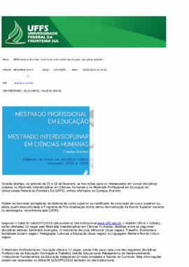 UFFS Campus Erechim: mestrados selecionam alunos para disciplinas isoladas
