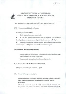 Relatório de pendências dos sistemas Solar