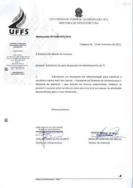 Memorando solicitando substituto para assistente administrativo