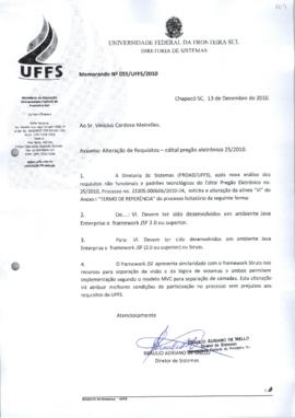 Memorando informando alteração de requisitos
