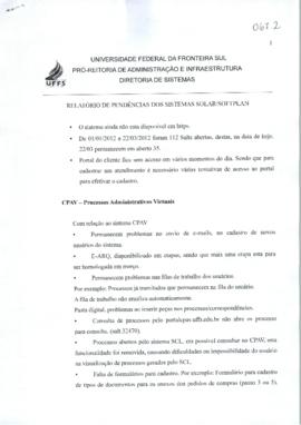Relatório de pendências dos sistemas Solar